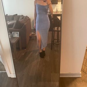 Blue cowl neck dress with slit